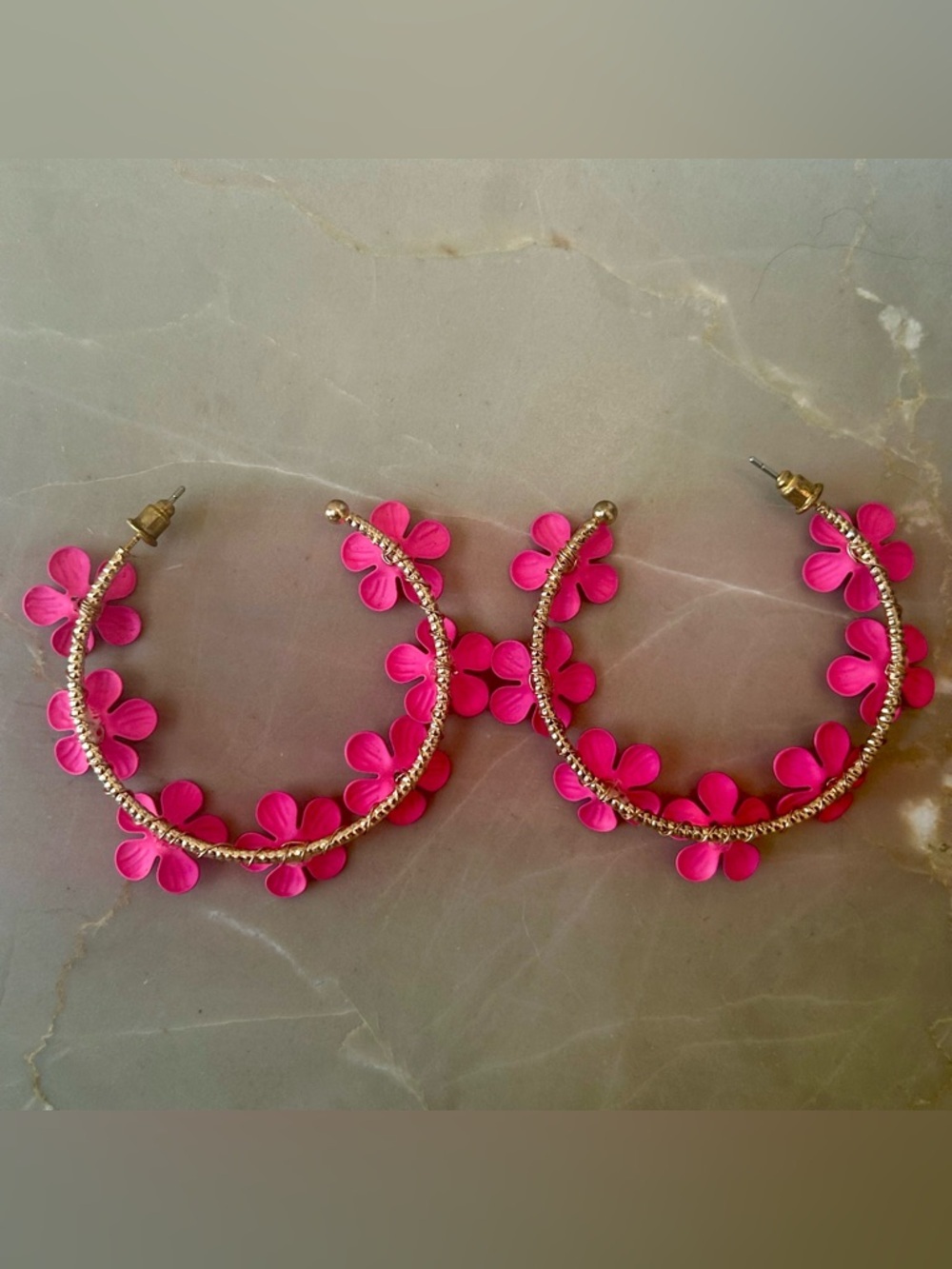 Hot Pink Floral Hoop Statement Earrings - Picture 2 of 2